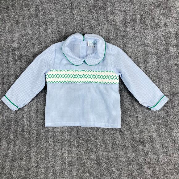 The Smocked Bear Other - Light Blue Long Sleeve Smocked Peter Pan Collar Top with Green Trim